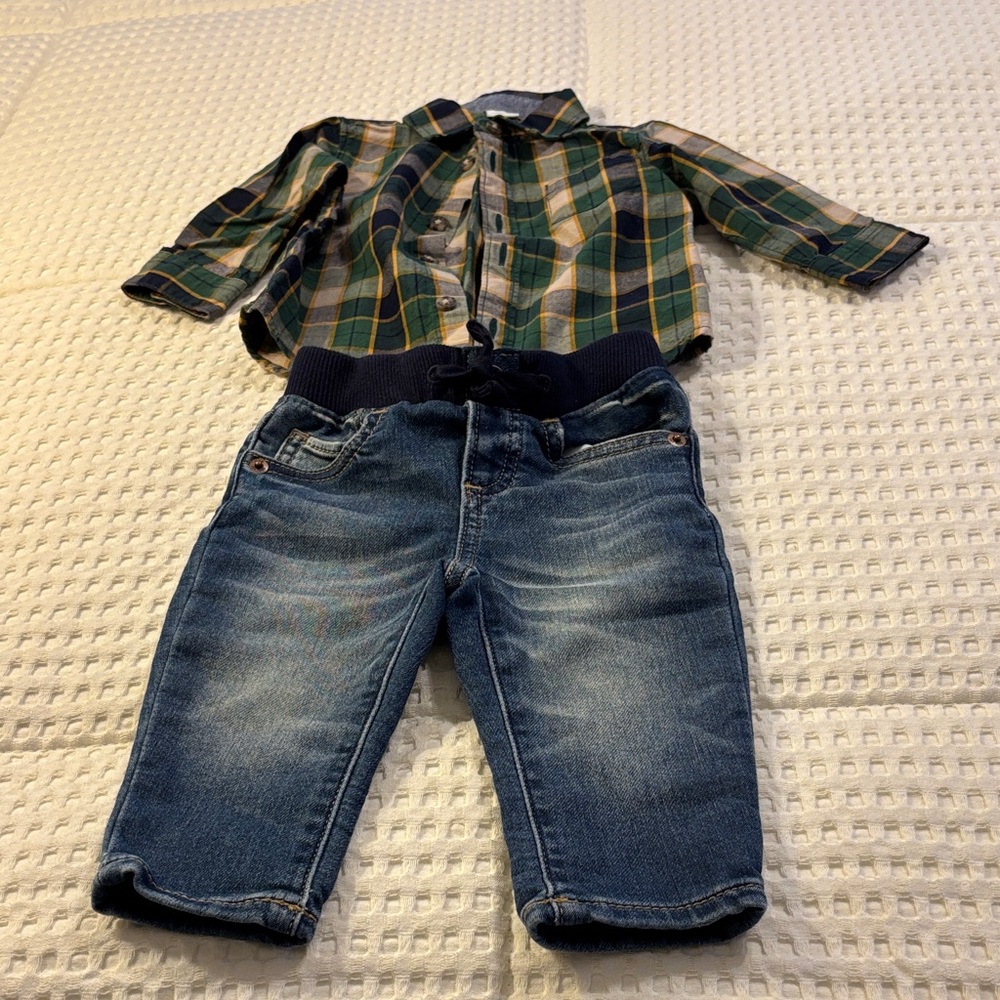 Baby Boy Plaid Shirt and Blue Denim Jeans. Size 3 - 6 Months.